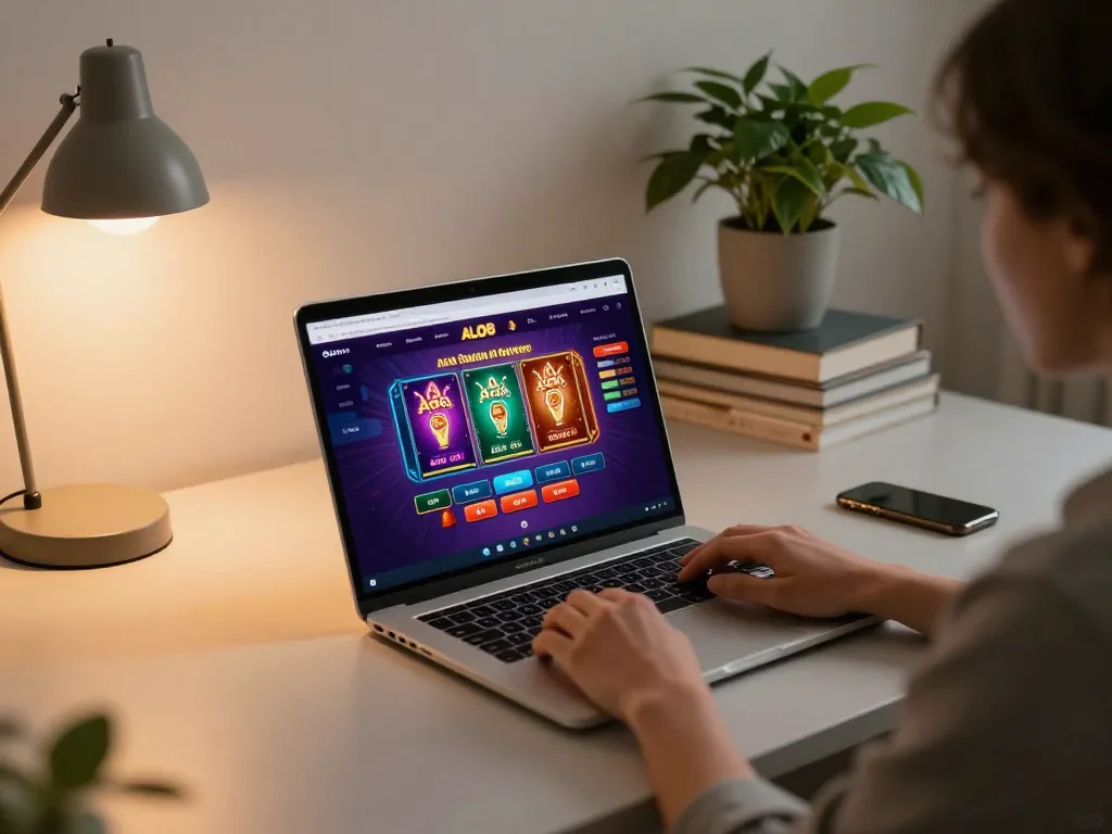 Engaging in ALO8 online casino strategy at home with vibrant game graphics on display