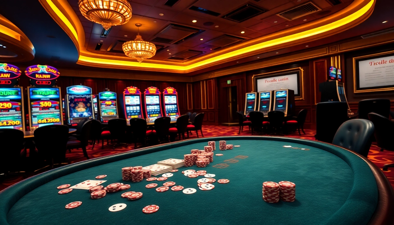 Experience a thrilling game at 789CLUB with luxurious poker tables and vibrant slot machines.