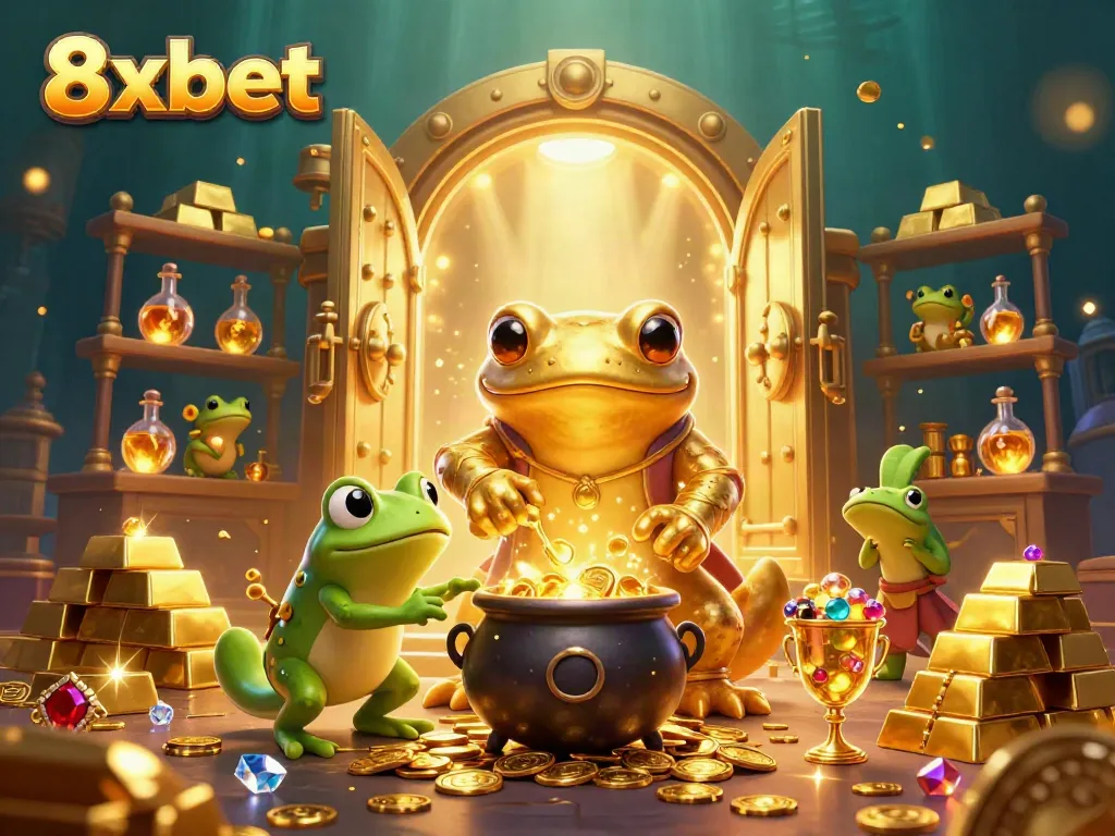 8xbet showcases a magical scene of an alchemist creating gold coins amid rich gambling elements, enchanting gaming atmosphere.