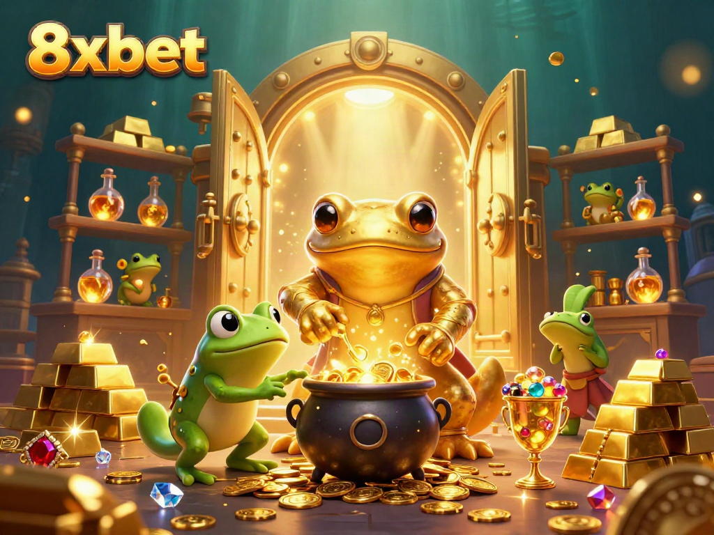 8xbet showcases a magical scene of an alchemist creating gold coins amid rich gambling elements, enchanting gaming atmosphere.