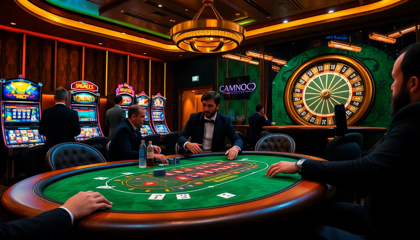 Experience the thrill of gambling at MMOO's luxurious casino with vibrant tables and slot machines.