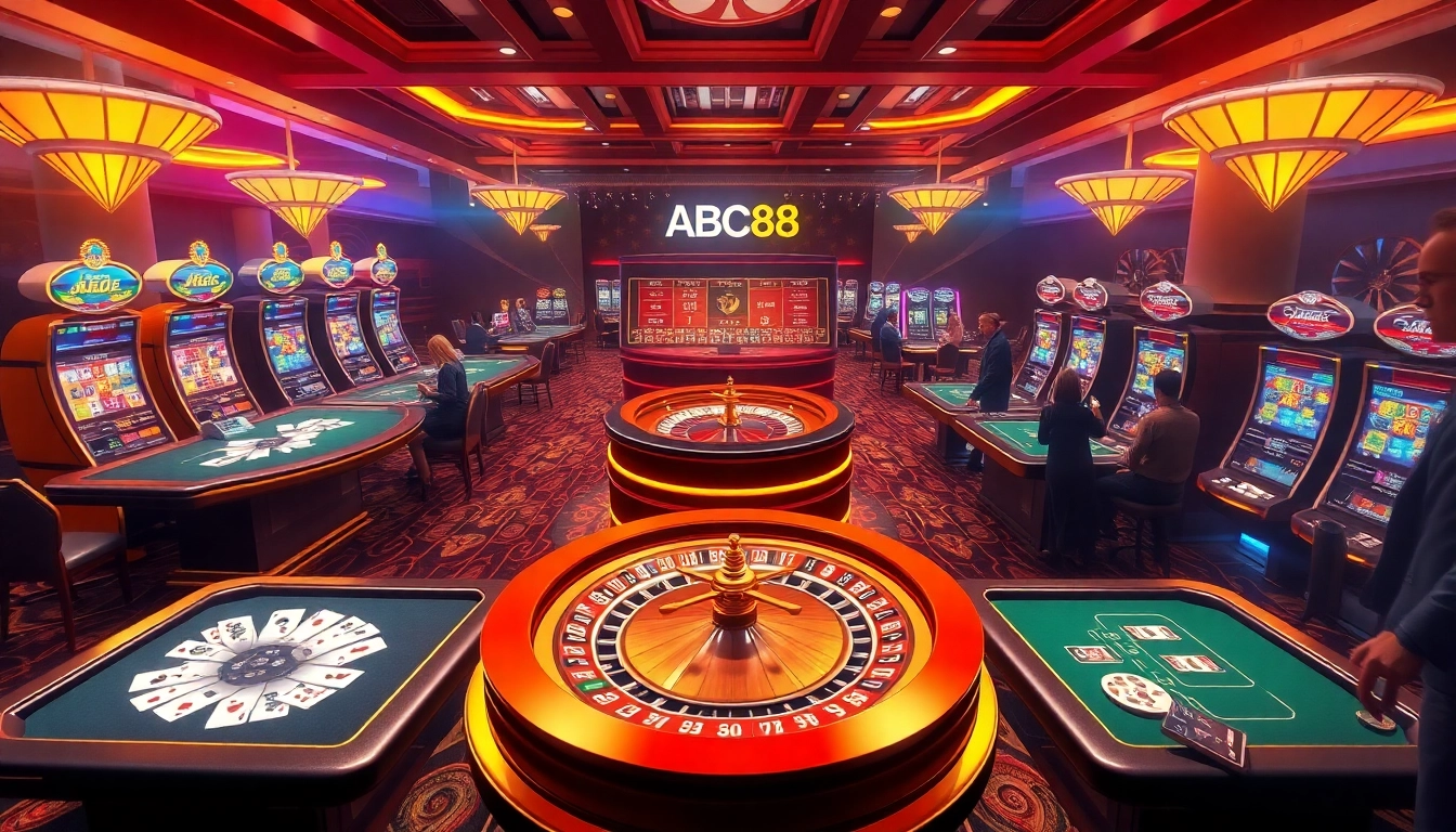 ABC8's stylish online casino atmosphere showcasing players at card tables and roulette.