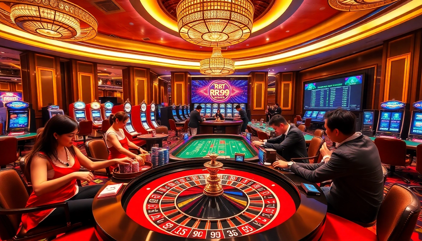 Experience the luxury of RR99 with a captivating casino scene featuring roulette and poker.