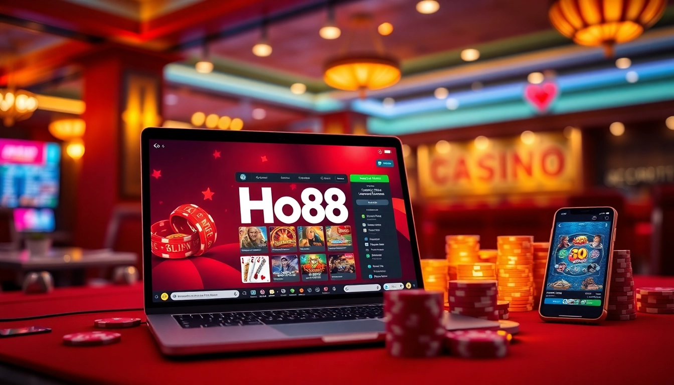 Ho88 online casino vibrant environment with laptop and app interface
