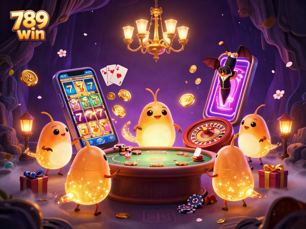 Experience the thrill of 789 win with vibrant glowworms lighting a dynamic cave casino scene.