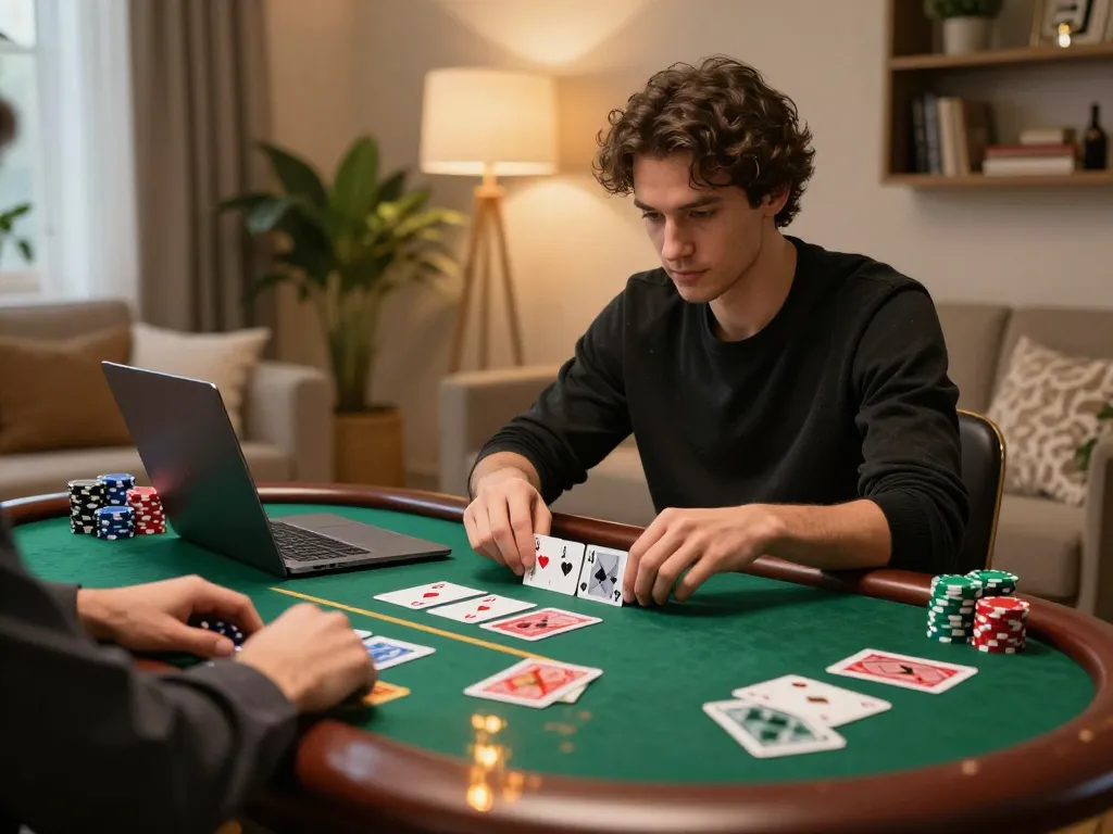 Engaging in online poker at home with 88aa trang chủ setup and colorful poker chips.