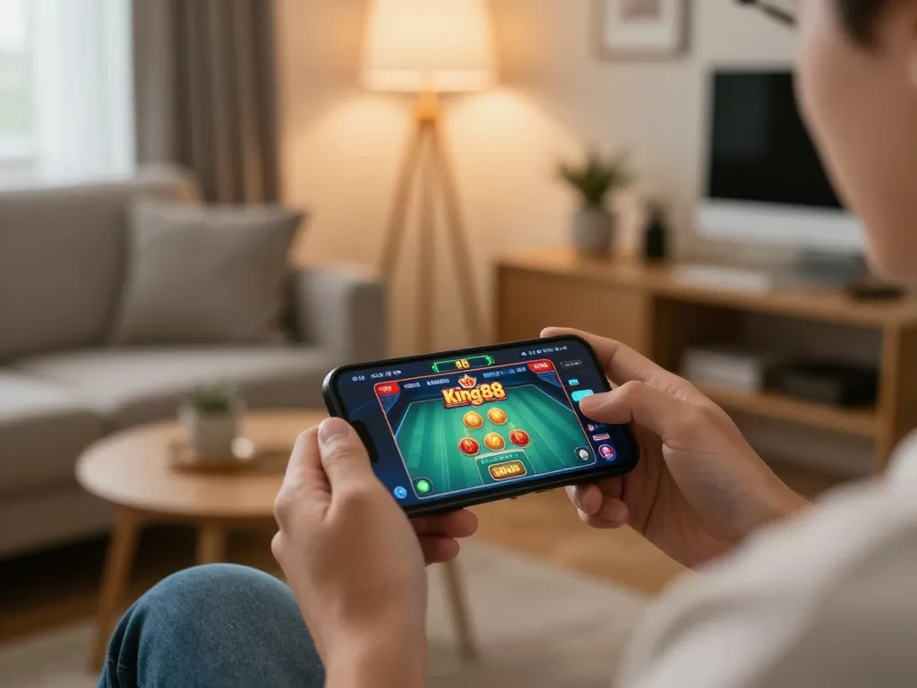 Engaging gameplay on the king88 mobile app in a cozy home setting, illustrating responsible gaming.