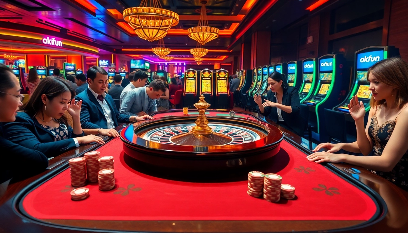 Experience the thrill of gaming at okfun casino with vibrant roulette and players celebrating wins.