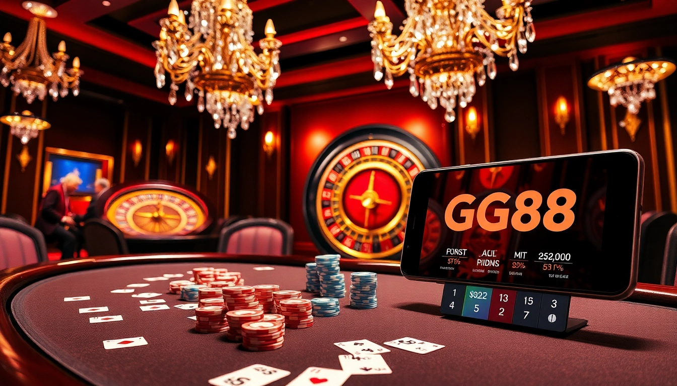 Exciting GG88 casino gaming scene with luxurious tables, cards, and betting elements.