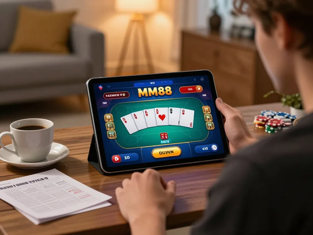 Engaged player using MM88 app for online poker gaming in a cozy home setting.