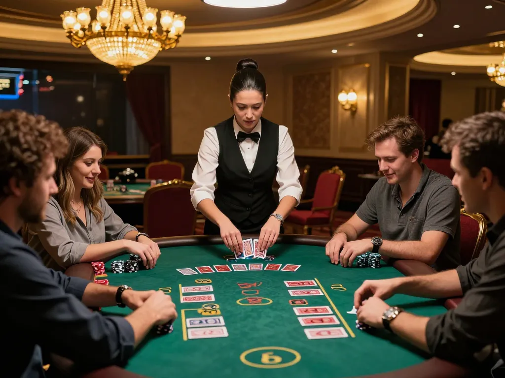 Players strategizing at a FLY88 blackjack table with dynamic dealer actions and warm ambiance