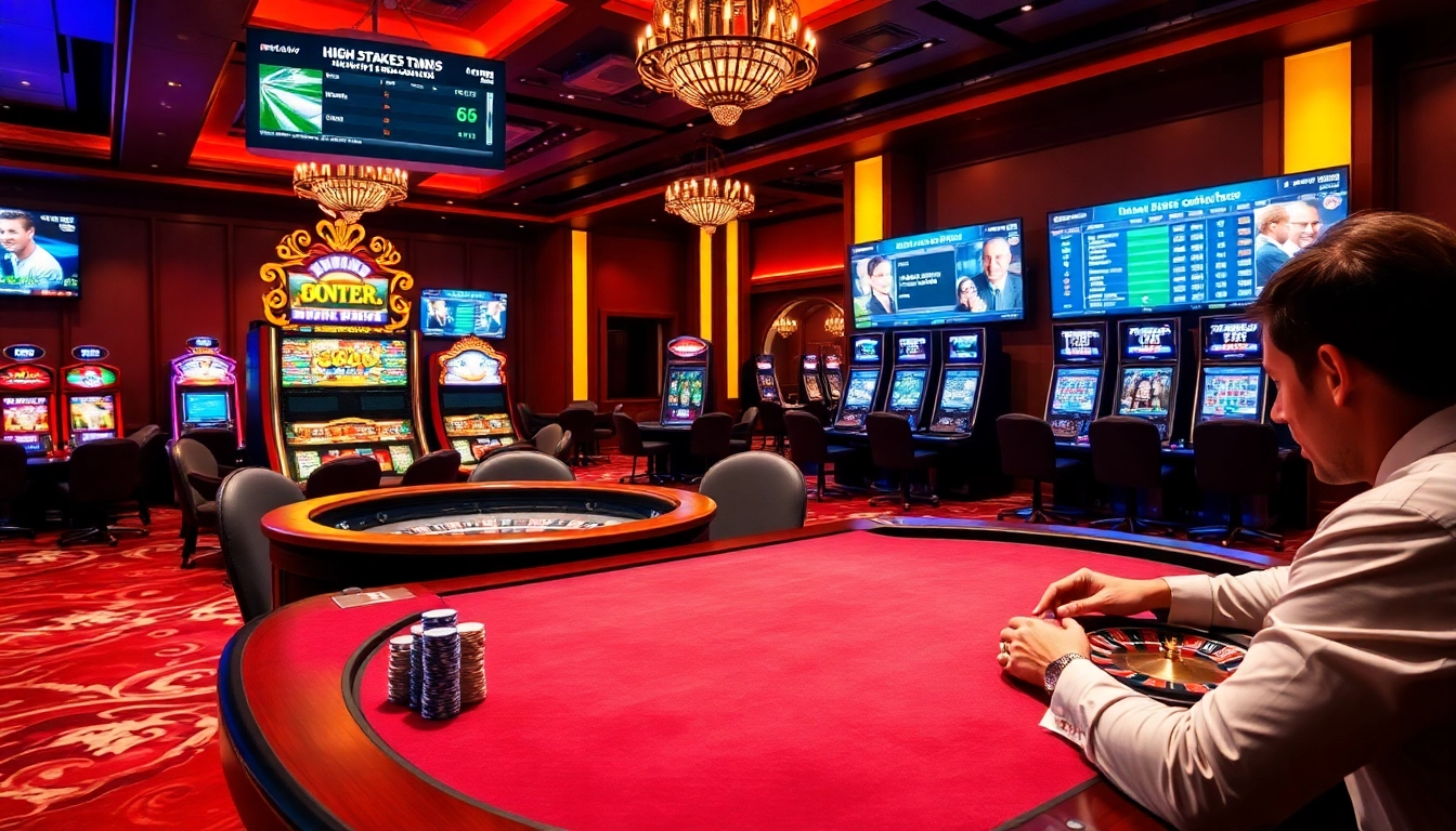 Action-packed gaming at 65A with vibrant chips and a roulette wheel in a luxurious casino scene.