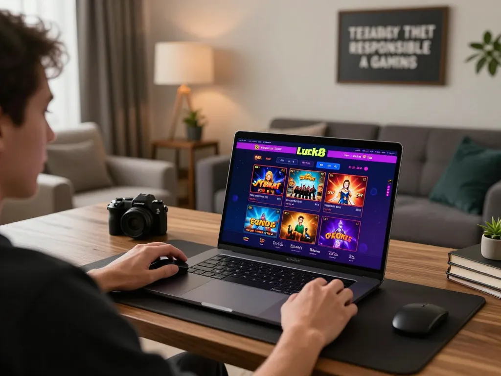 Luck8 player engaging with online gaming interface, showcasing a vibrant casino atmosphere.