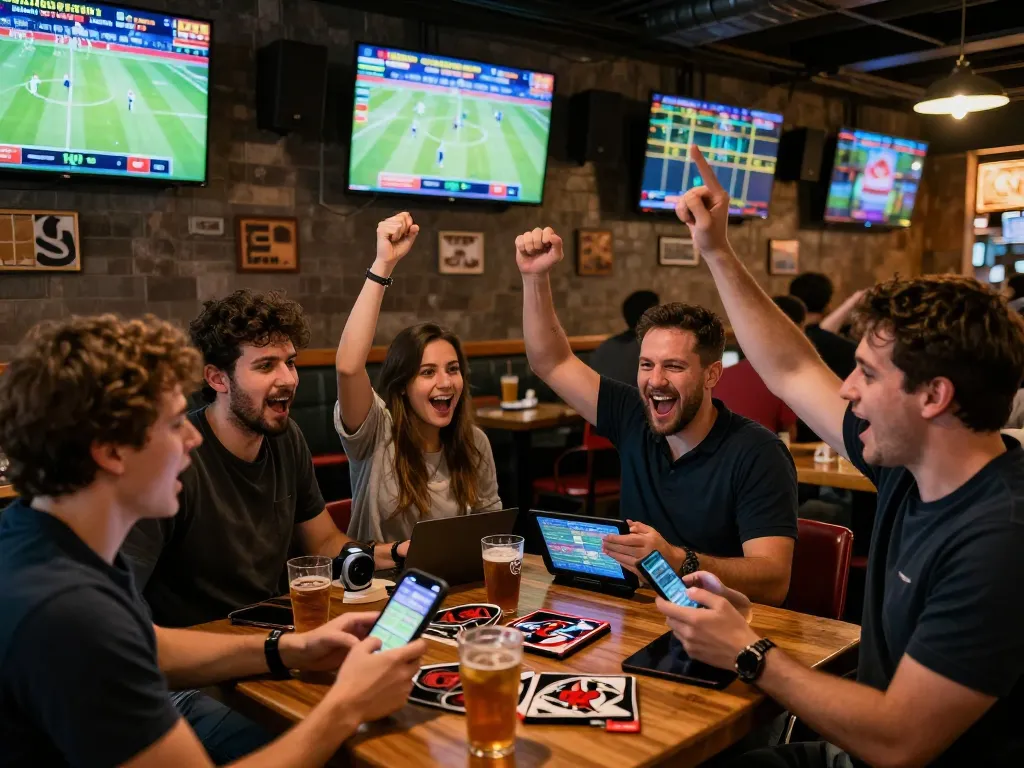 SBOBET users placing bets on smartphones in a lively sports bar environment filled with excitement.