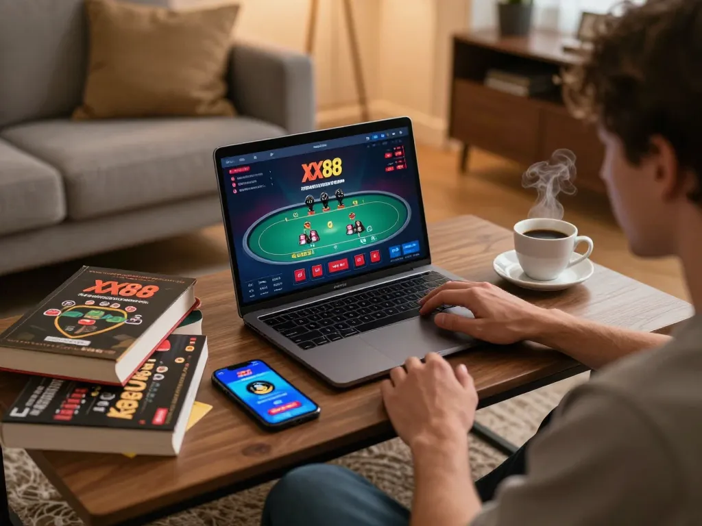Player enjoying an online casino experience with XX88, showcasing poker gameplay on laptop in cozy setting.