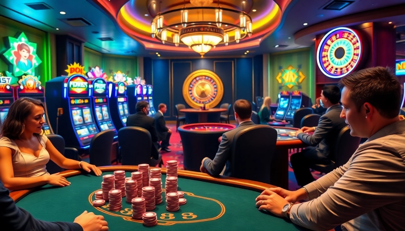 Experience thrilling gameplay at KP88 casino with luxurious poker tables and vibrant slot machines.