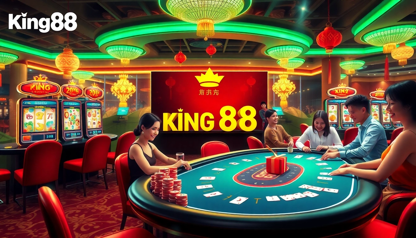 Engaging players enjoying online games at King88 casino, showcasing vibrant casino graphics.