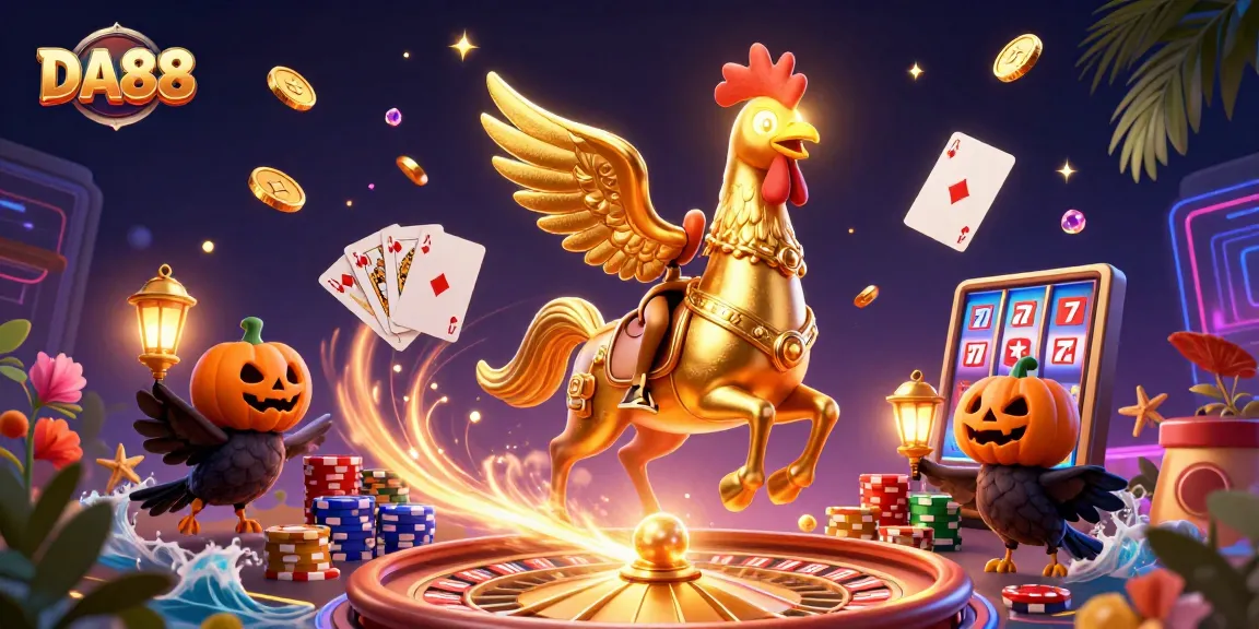 Engage with the excitement of DA88 at the casino, featuring a golden rooster hero amidst vibrant game elements.