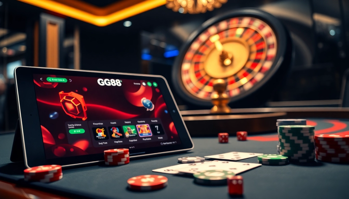 Engaging casino visual highlighting GG88 online gaming experience with poker chips and roulette.