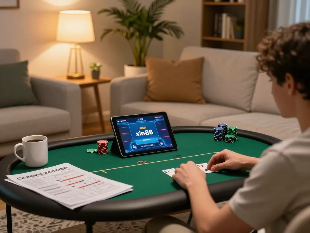 Engaging in a poker game with xin88 on a tablet during a cozy home gaming session.