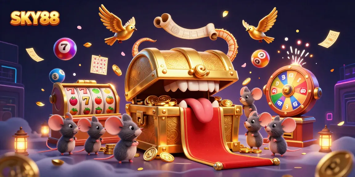 Engage with SKY88's vibrant gaming scene featuring a treasure chest and lottery elements.