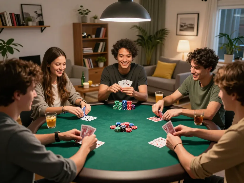 Friends enjoying a poker game at home while using the okwin platform for an exciting experience.