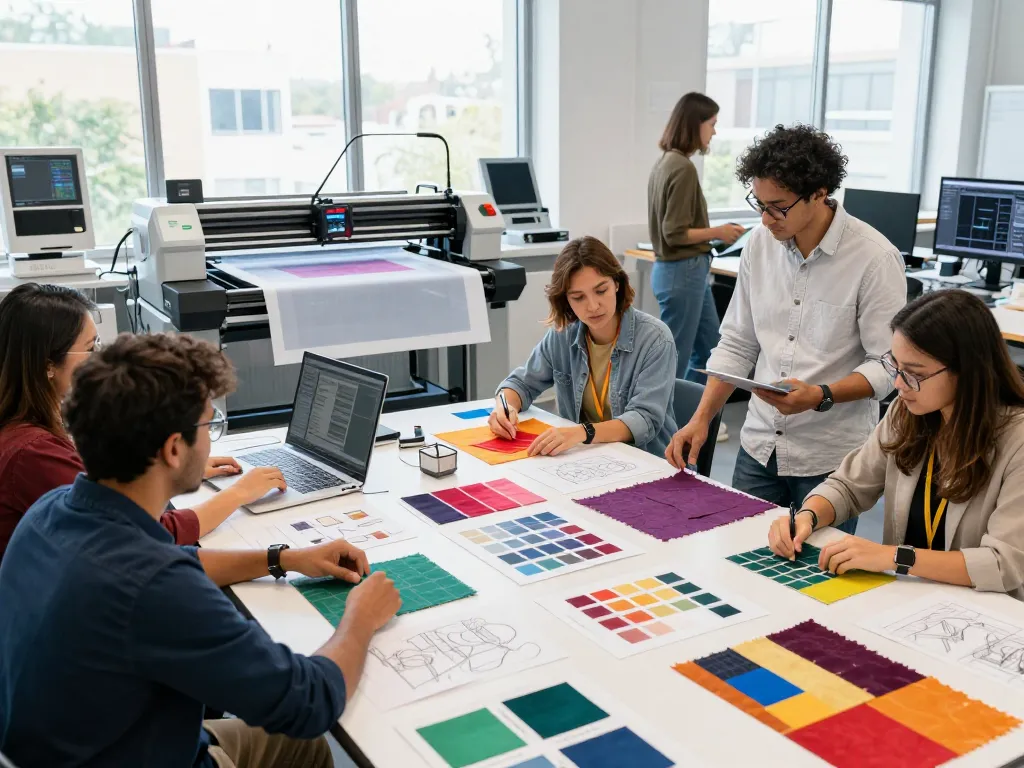 Sunwin textiles team collaborating on innovative fabric designs in a vibrant studio.