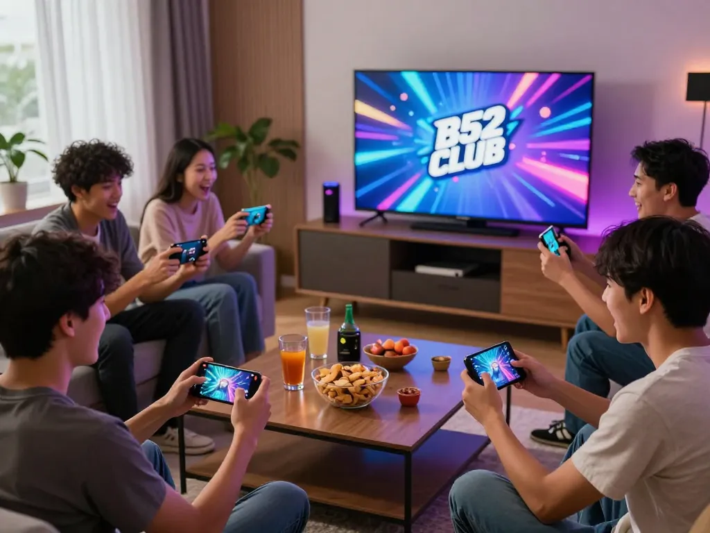 Friends joyfully playing games on B52 Club in a vibrant living room.