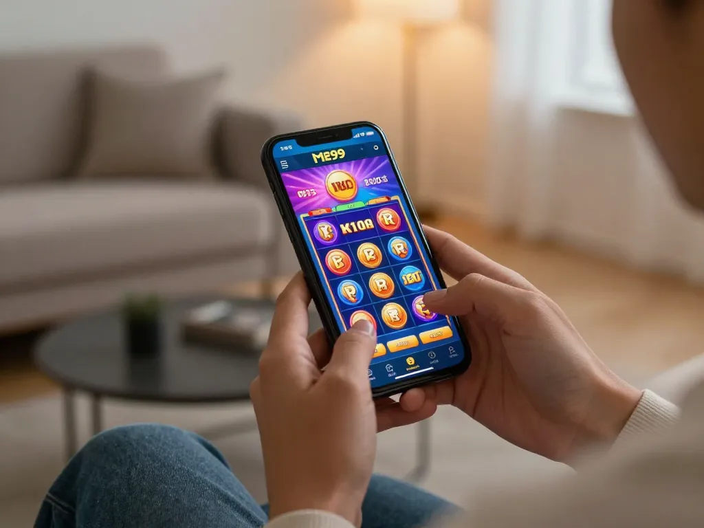 Engaging with the me99 casino app while playing mobile slots in a cozy home setting.