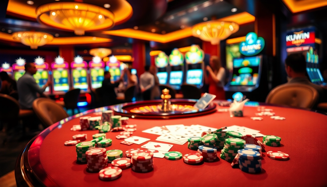 Experience the thrill of KUWIN with vibrant casino elements like poker chips and a roulette wheel.