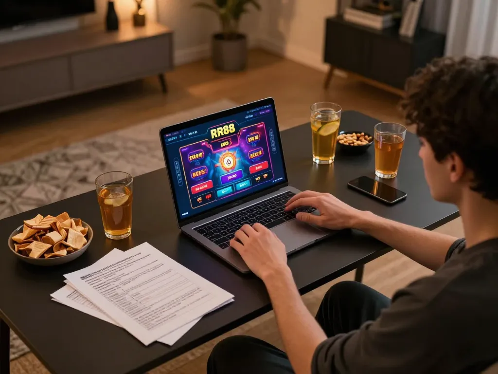 Engaging in online gaming at RR88 with a laptop and snacks in a cozy setup