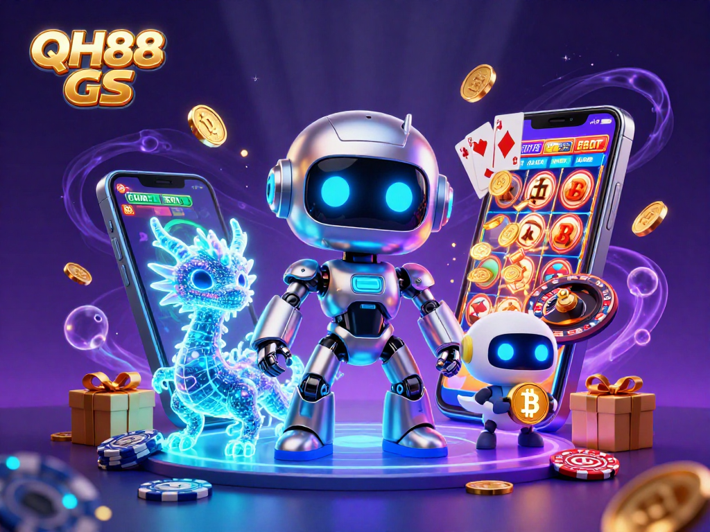 Engage with QH88 GS in this vibrant 3D casino illustration showcasing gaming excitement and digital flair.