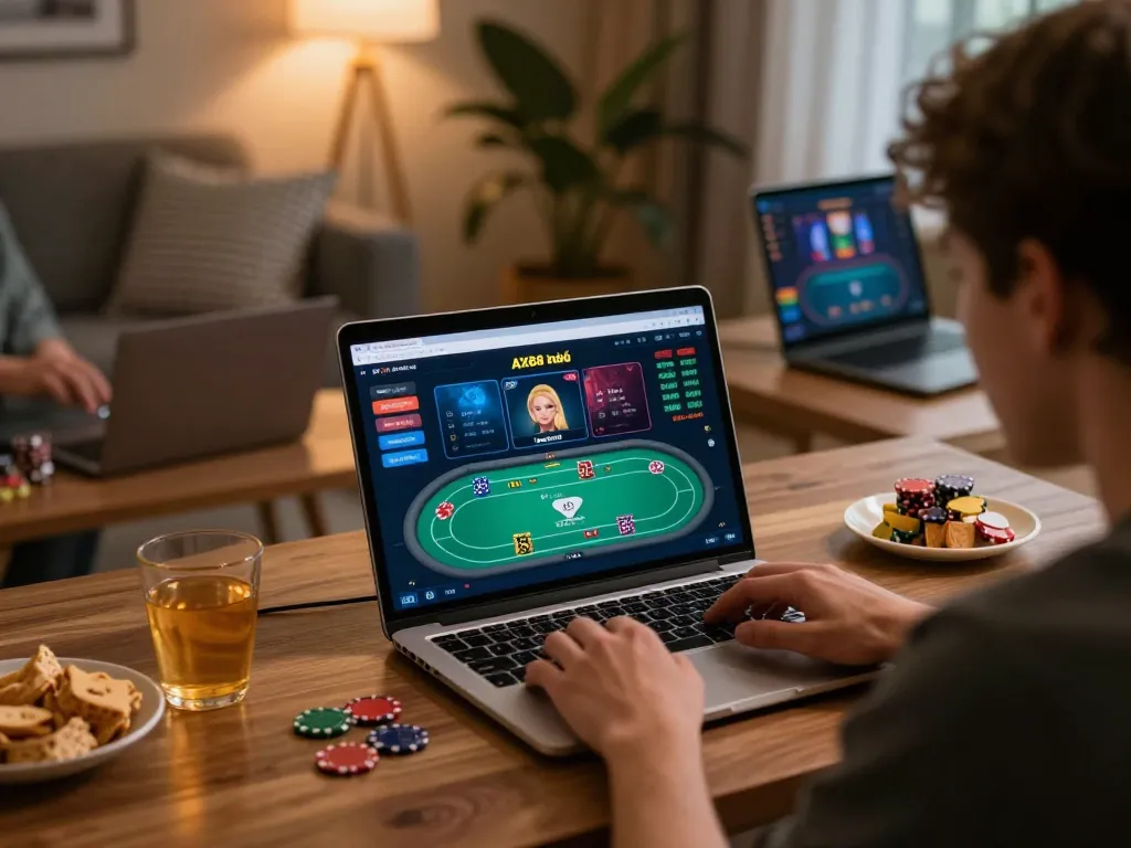 Engaged player strategizing on AX88 nhà cái poker interface during online game session.