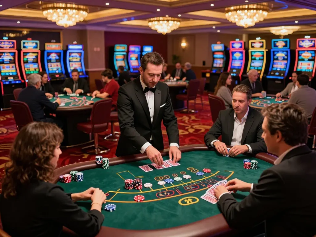 Players enjoying exciting blackjack games at JUN88 casino, showcasing thrilling gambling atmosphere with professional dealers and vibrant ambiance.
