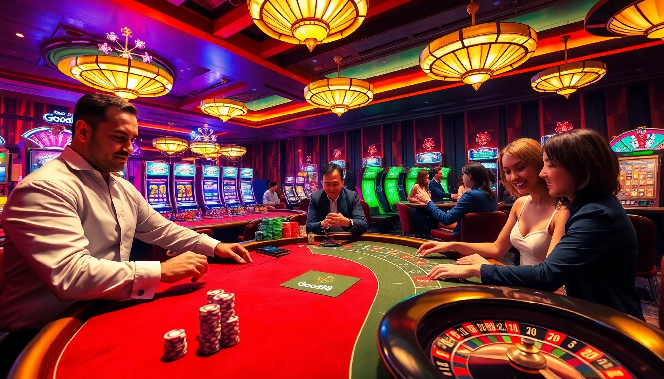 Good88 players enjoying an exciting casino atmosphere with vibrant poker chips and tables.