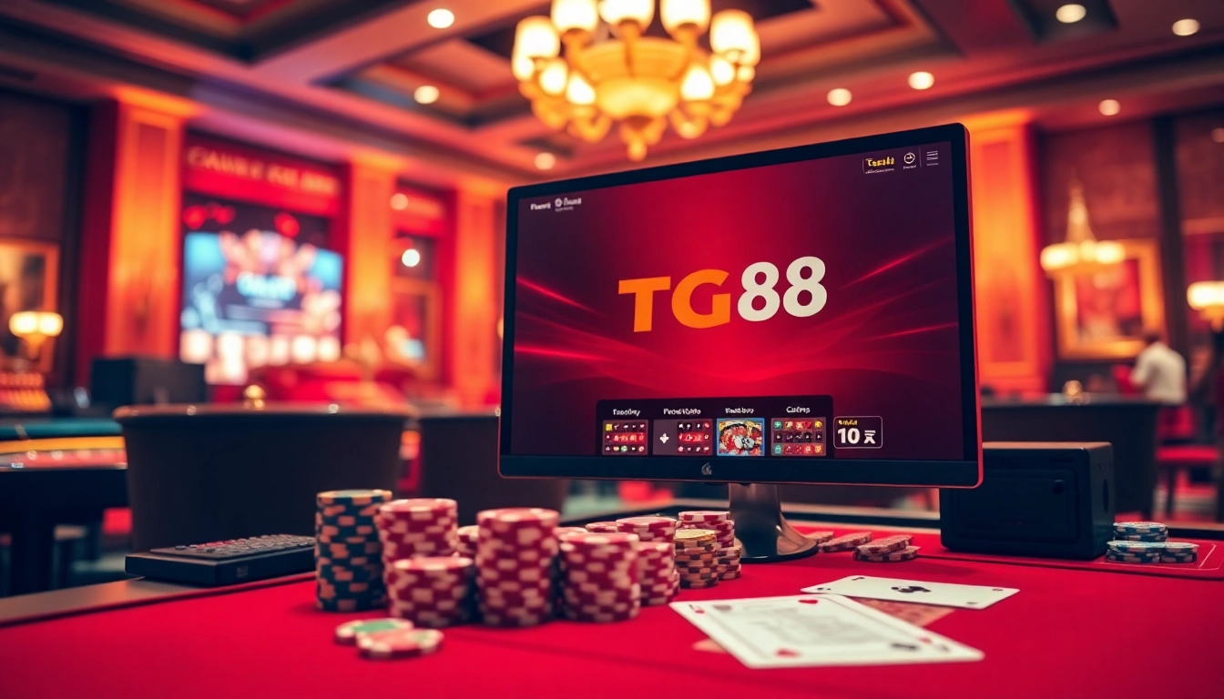 Engaging TG88 gambling interface surrounded by vibrant casino elements.
