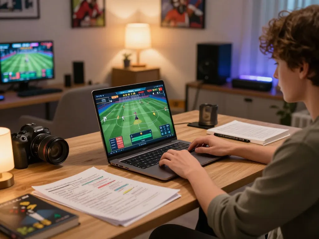 Engaged in online kèo nhà cái betting strategy session at home with laptop.