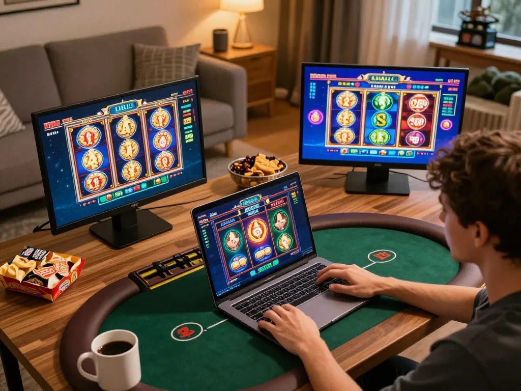 Engaging in online casino games at home with 78wintl on laptop, showcasing vibrant gameplay.