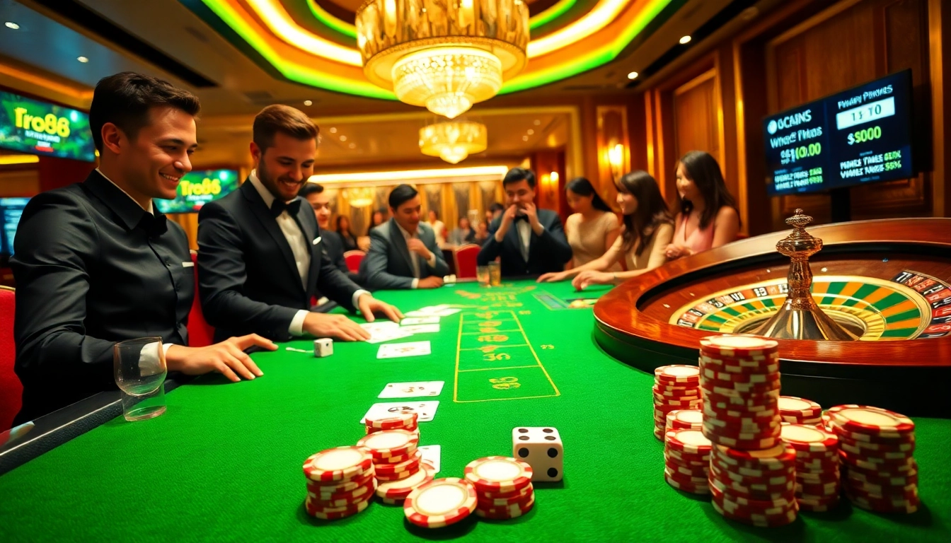 Players enjoying a thrilling poker game at TR88 casino, surrounded by colorful chips and ambiance.