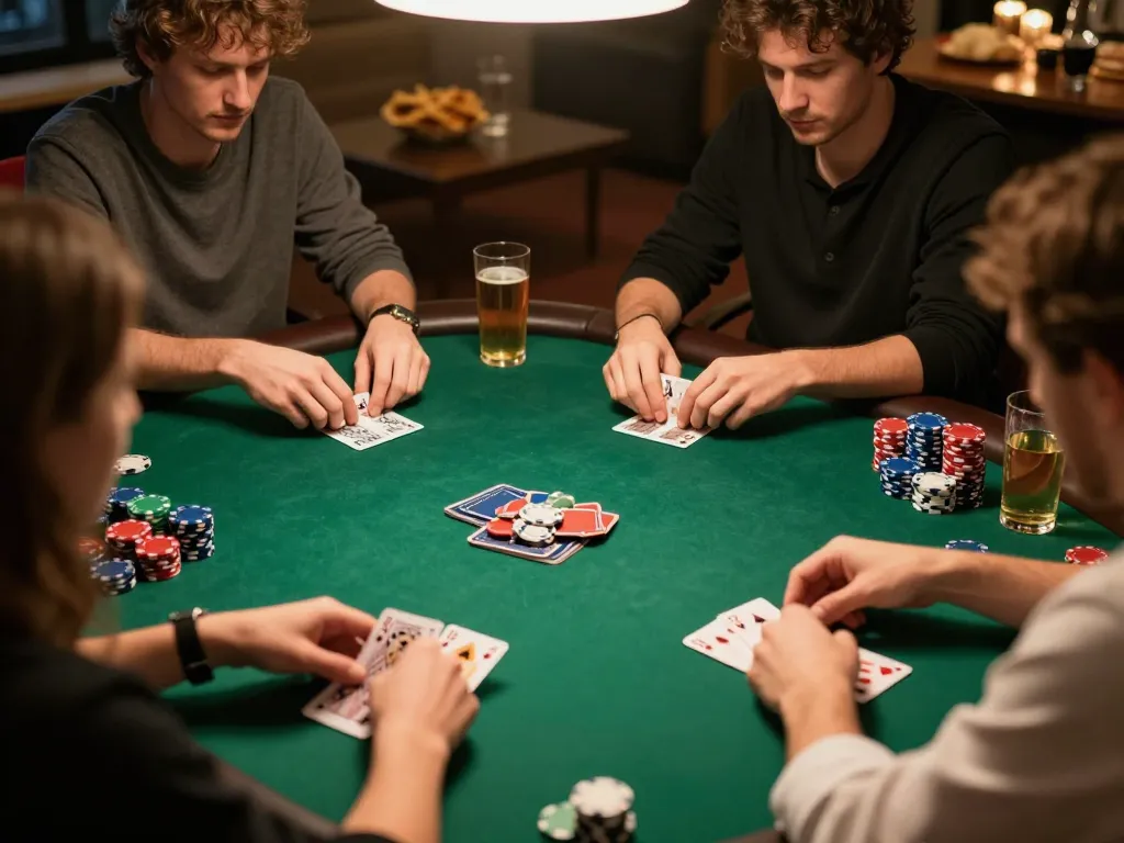 Online poker game strategy being analyzed by players during a cozy night, enhancing their experience through nhacaiuytinn.