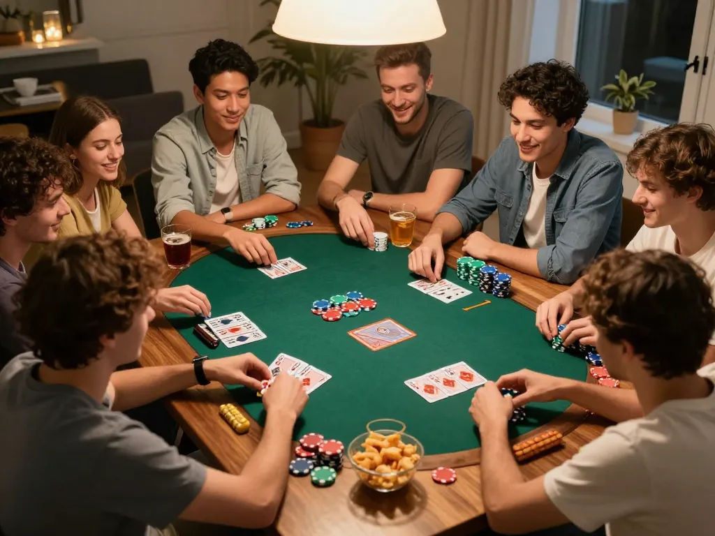 Friends enjoying a poker night at home with vibrant 99OK gaming atmosphere.