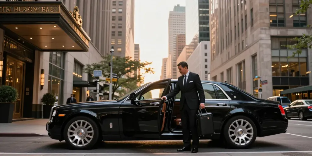 Premium car service NYC with chauffeur at luxury hotel entrance in Manhattan.