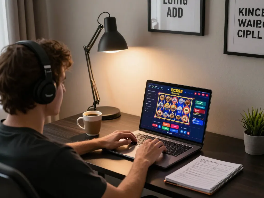 Engaged player enjoying an LC88 online casino game from a cozy home setup, showcasing strategic gaming notes.