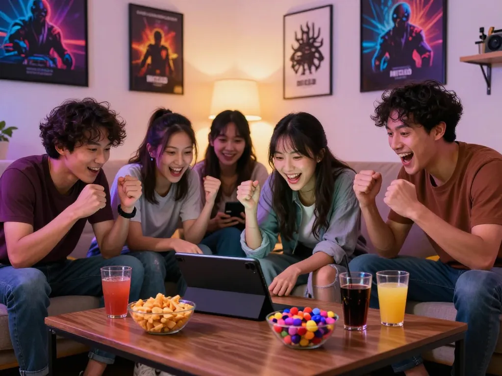 Friends enjoying hitclub tải in a cozy gaming session with snacks and drinks.