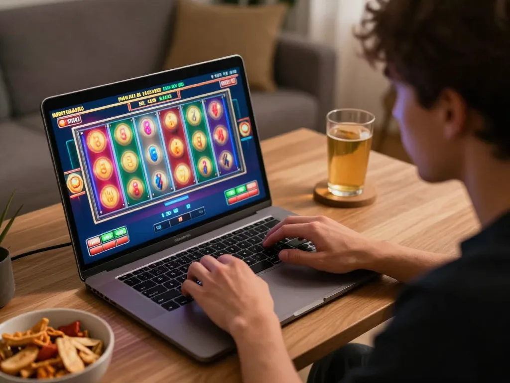Engaged player hitting the spin button while playing slot online on a laptop at home, creating an exciting gaming atmosphere