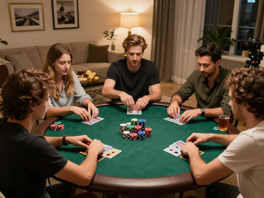 Người chơi Go88 tận hưởng một đêm chơi poker thú vị với bạn bè trong không gian ấm cúng tại nhà.