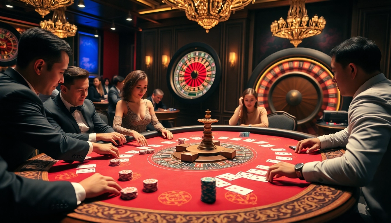 Engaging players analyze tỷ lệ nhà cái at a luxurious casino poker table with vibrant chips.