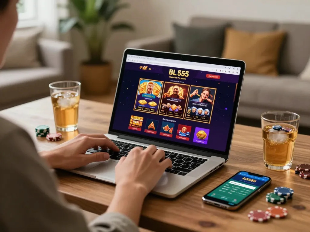 Player enjoying a game on the BL 555 online casino on a laptop, surrounded by gaming essentials