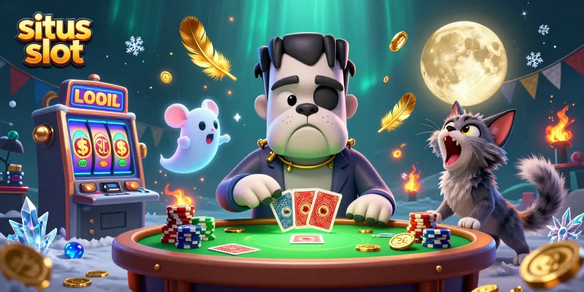 Experience thrilling gameplay at situs slot with a Frankenstein bulldog and a ghost mouse at a vibrant casino table.