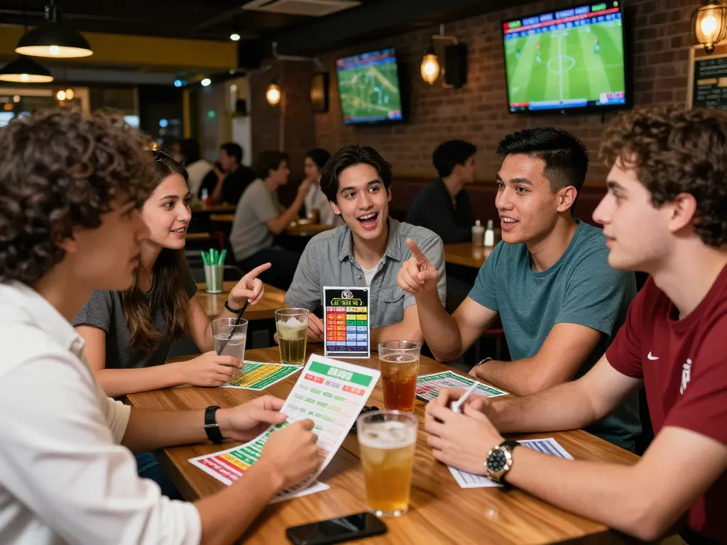 Cách đọc kèo bóng đá chuẩn in a lively sports betting atmosphere with friends analyzing bets and live match stats.
